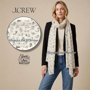 J.Crew Wool Silk Blend Scarf Ivory Whimsical Shoe Print Lightweight Wrap Scarf